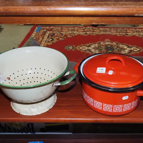 enamel colander, lidded casserole