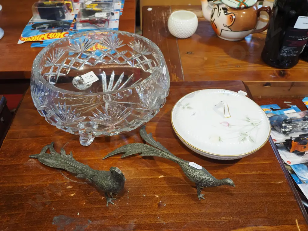 crystal footed bowl, 2x cast metal birds, lidded bowl Image 1++
