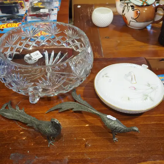 crystal footed bowl, 2x cast metal birds, lidded bowl
