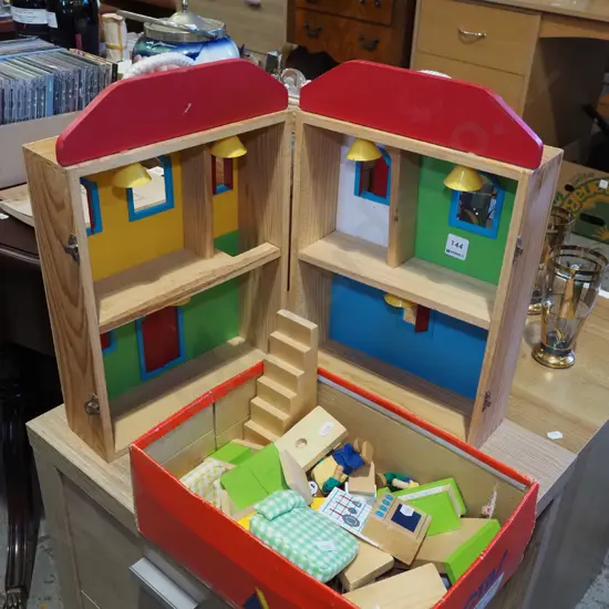 wooden dollshouse, box of accessories