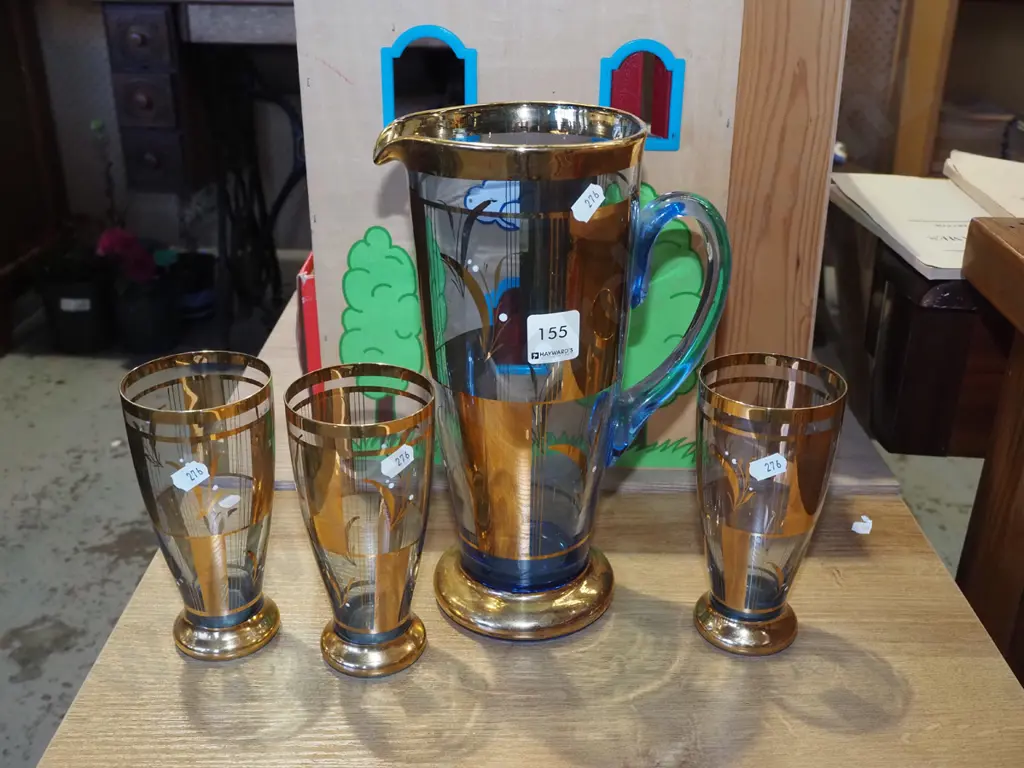 blue and gold glass water set - only 3 tumblers Jug H270 Image 1++
