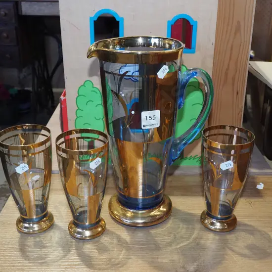 blue and gold glass water set - only 3 tumblers Jug H270