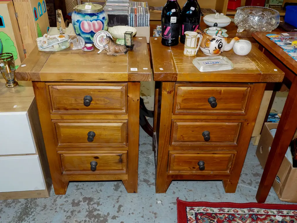2x solid pine 3 drawer bedside cabinets with cast metal drop handles Image 1++
