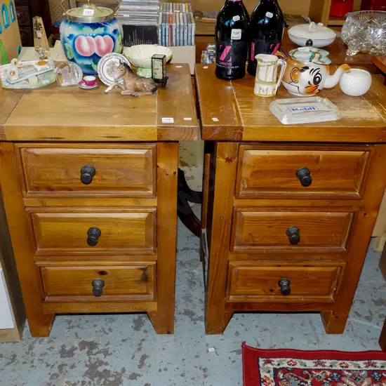 2x solid pine 3 drawer bedside cabinets with cast metal drop handles
