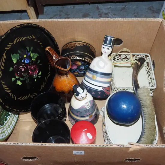 box; metal trays, tins, candles etc