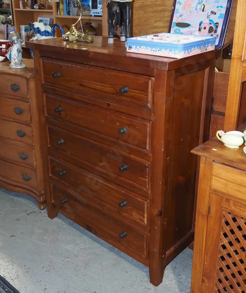 solid pine 5 drawer tall boy with cast metal handles H1200 W1000 D450 Image 1++