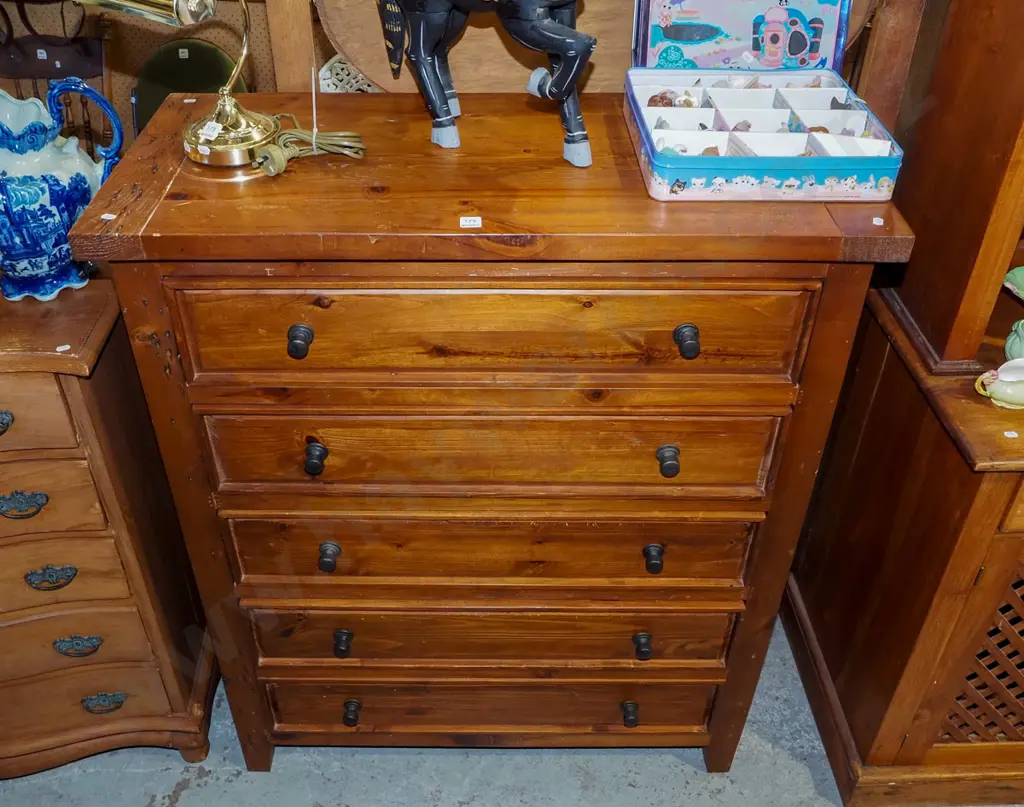 solid pine 5 drawer tall boy with cast metal handles H1200 W1000 D450 Image 1++
