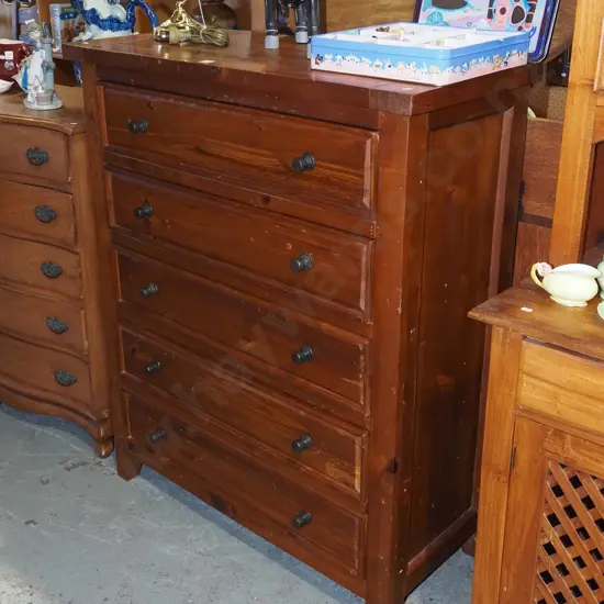 solid pine 5 drawer tall boy with cast metal handles H1200 W1000 D450