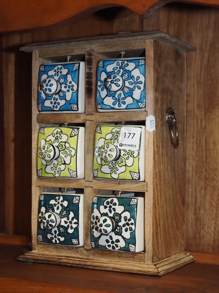 small wooden chest with 6 ceramic drawers H260 Image 1++
