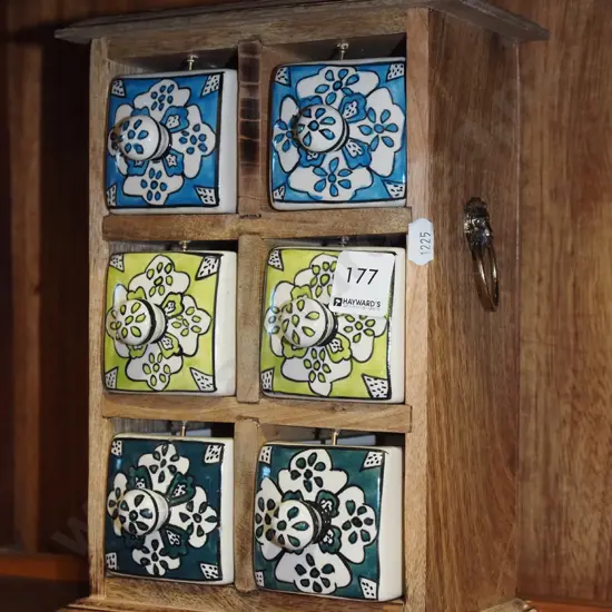 small wooden chest with 6 ceramic drawers H260