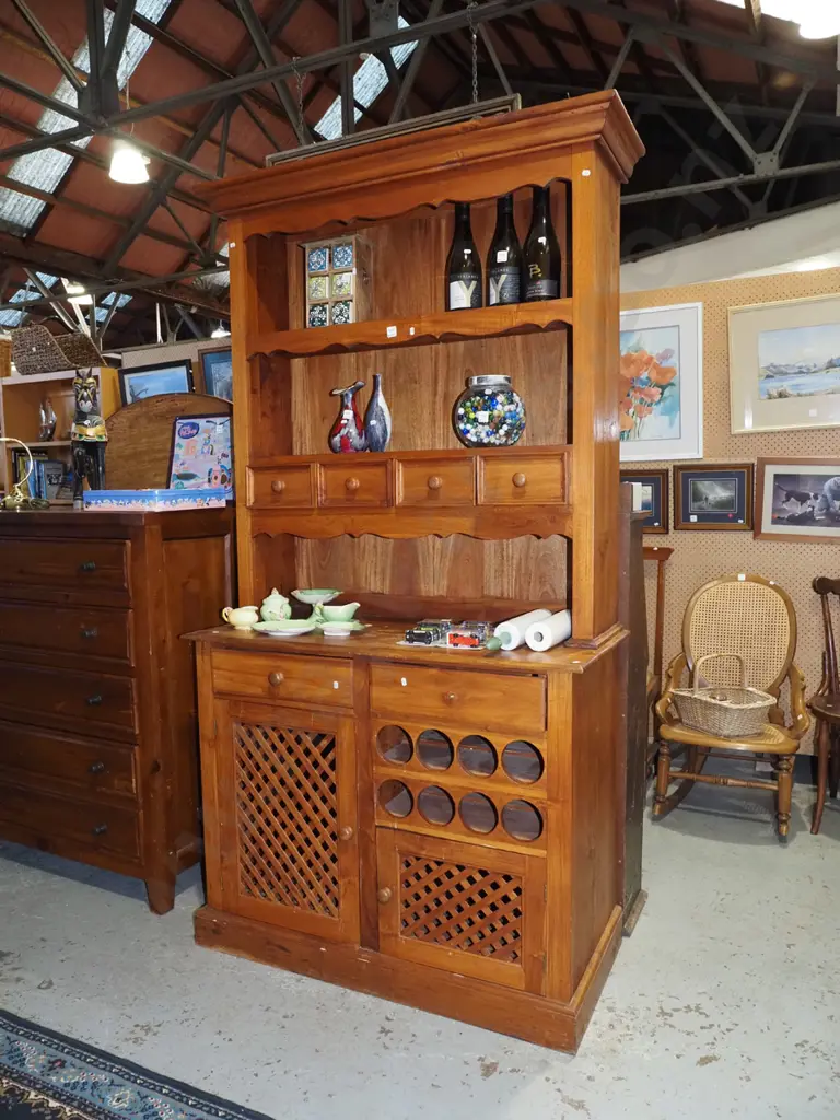 mahogany Welsh dresser with slat doors, wine rack, 5x drawers - missing 1 handle - varnish needs attention Image 1++