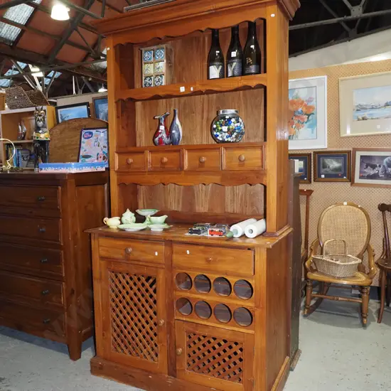 mahogany Welsh dresser with slat doors, wine rack, 5x drawers - missing 1 handle - varnish needs attention