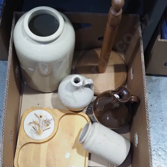 box; toilet roll holder, jugs, crocks - largest has cracks