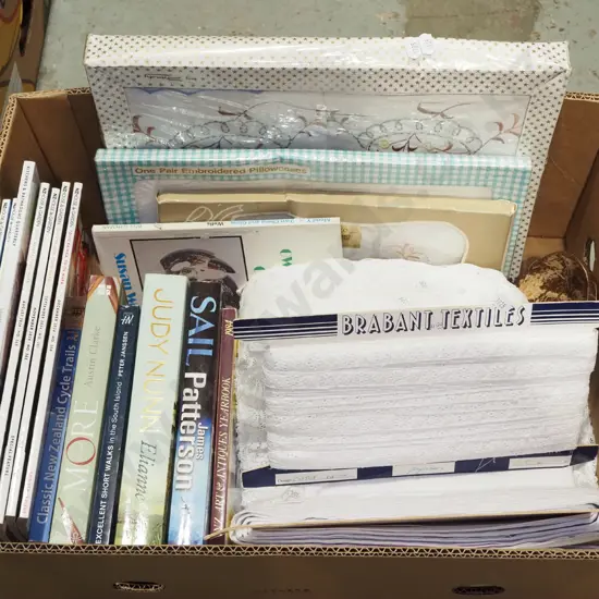 box; as new linen, books, broderie anglaise ribbon