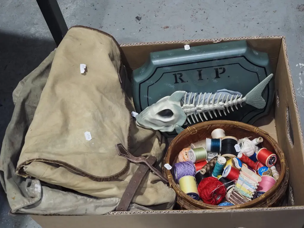 box; vintage backpack, sewing threads, singing fish skeleton - as is no returns Image 1++