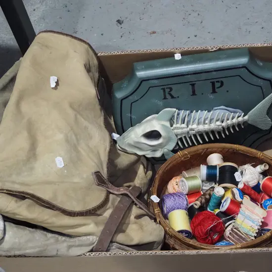 box; vintage backpack, sewing threads, singing fish skeleton - as is no returns