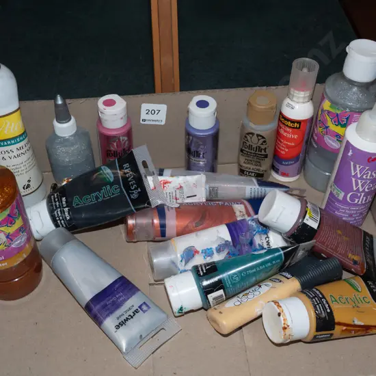 box of acrylic paints, glue etc