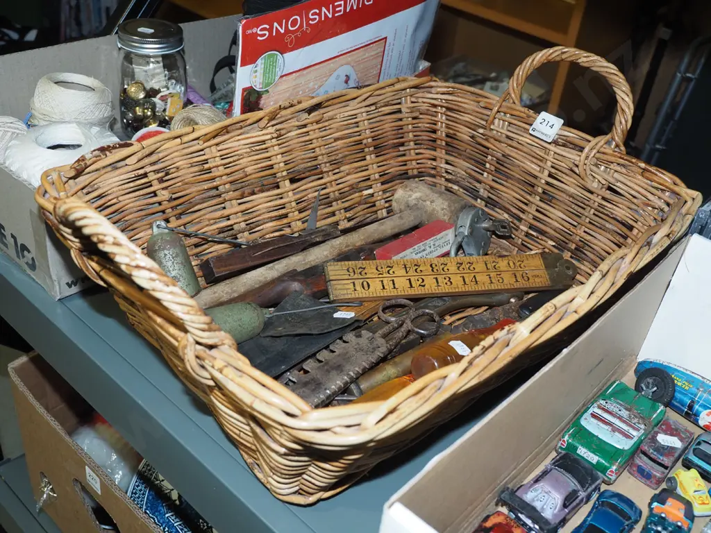 cane basket, tools, builders rules, chisels etc Image 1++