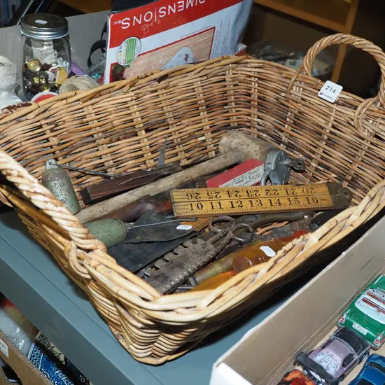 cane basket, tools, builders rules, chisels etc