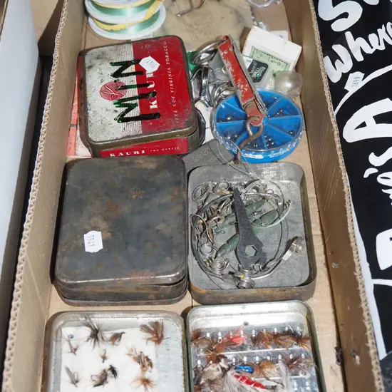 box; fly fishing flies, lines, sinkers etc