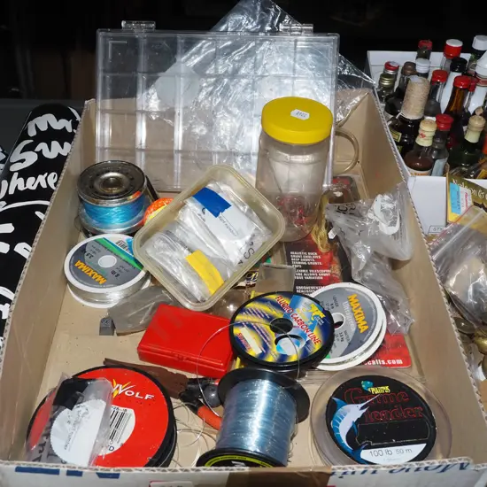 box; fishing reels, duck caller, plastic organiser etc