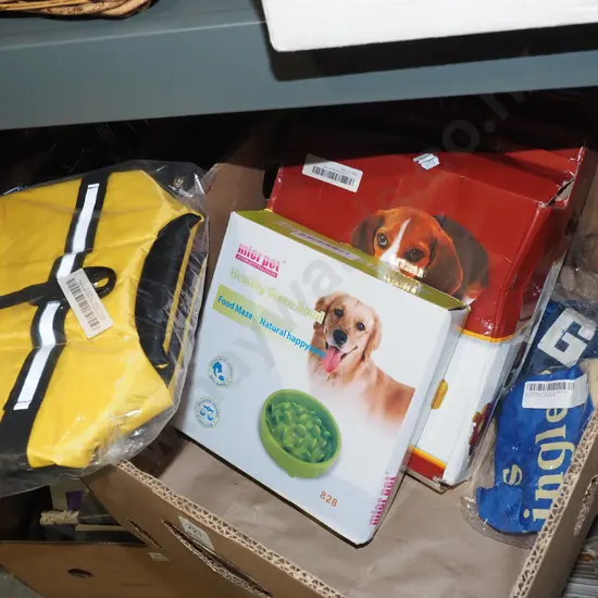 box; dog puzzle, feeders, life jacket, caps