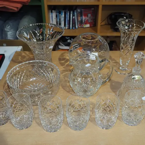 assorted crystal; vases, jug, bowl, whisky tumblers etc