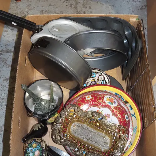 box; cake tins, rubber muffin trays, bowls etc