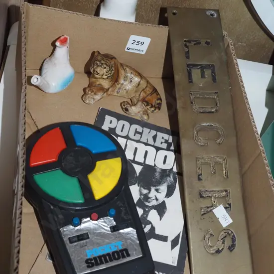 box; brass name plate, Simon game, figurines