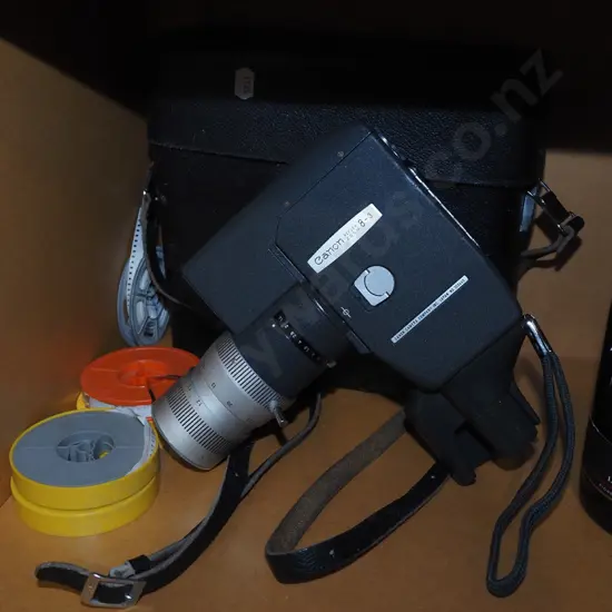 Canon 8mm cine camera, original leather case and films