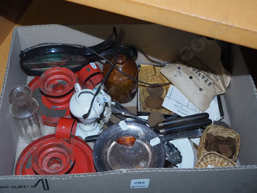 box; chamber sticks, vintage hair curlers, coins etc Image 1++