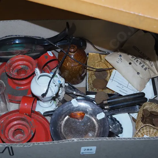 box; chamber sticks, vintage hair curlers, coins etc