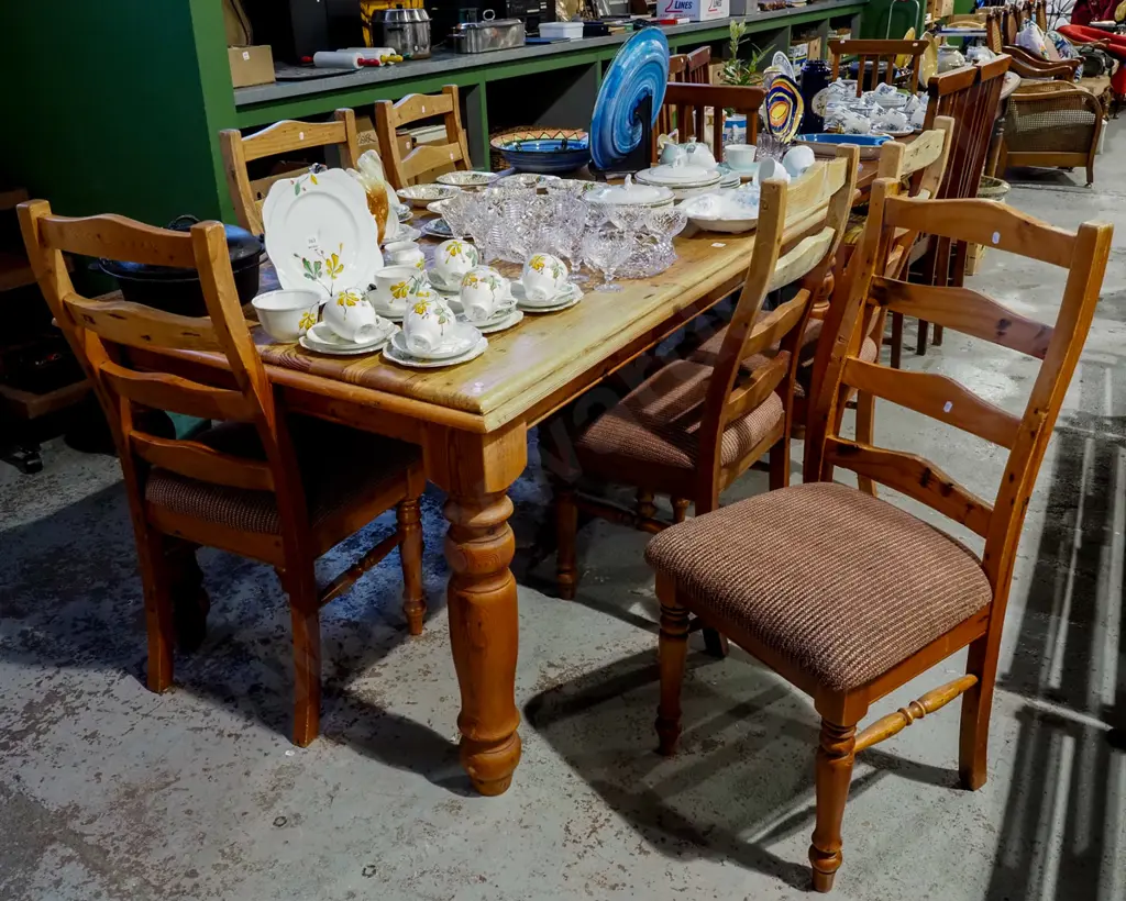 turned leg solid pine dining table with 6 matching ladder back chairs - wear to varnish  Image 1++