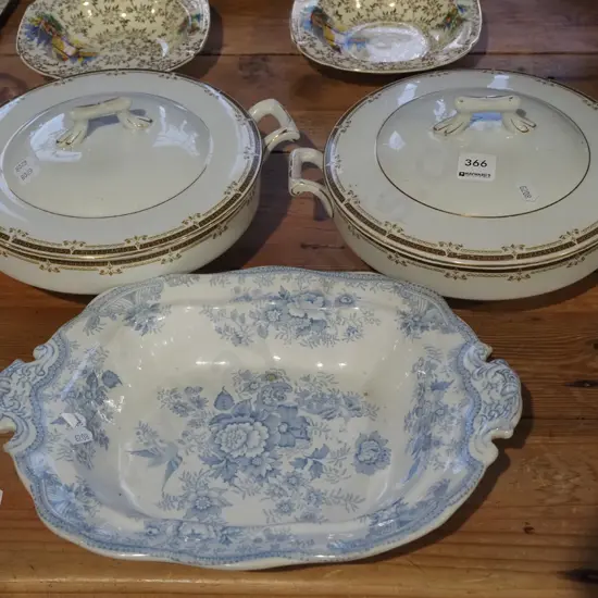 2x Empire Works lidded veges, blue and white floral dish