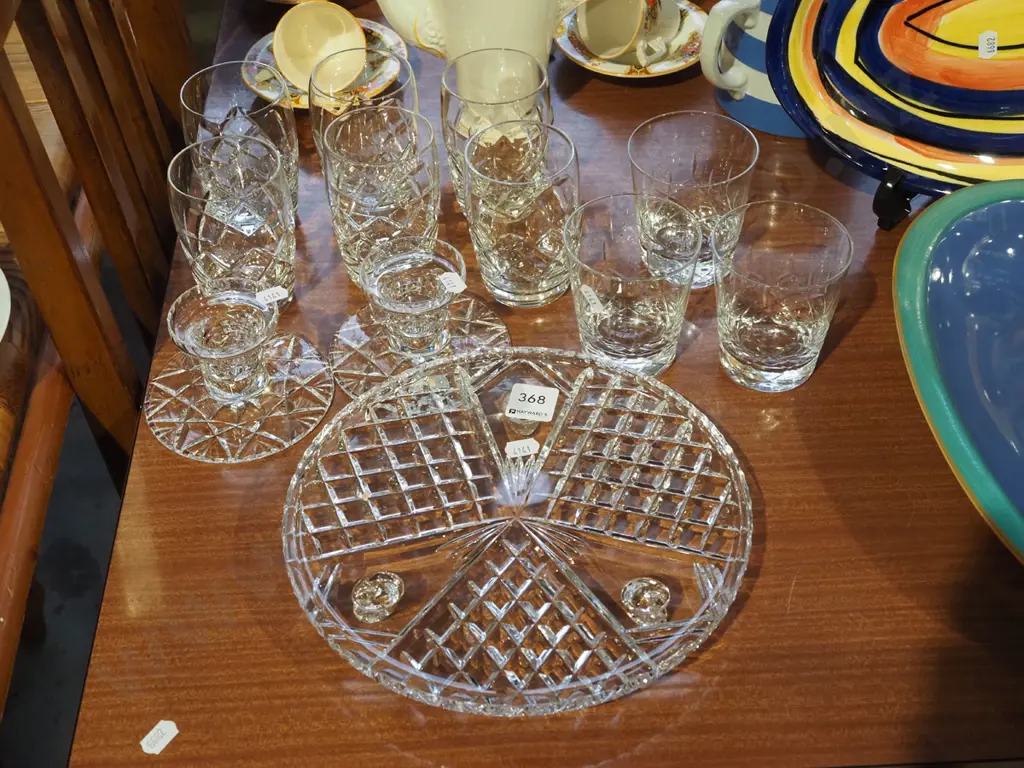 cut crystal footed plate, candlesticks, whisky tumblers Image 1++