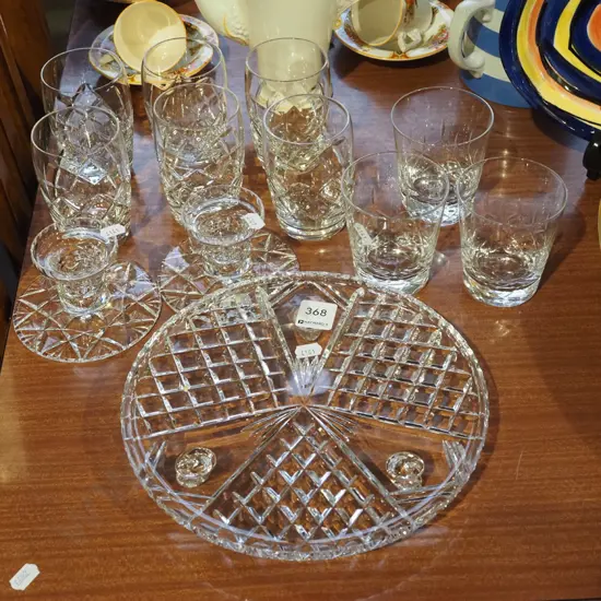 cut crystal footed plate, candlesticks, whisky tumblers