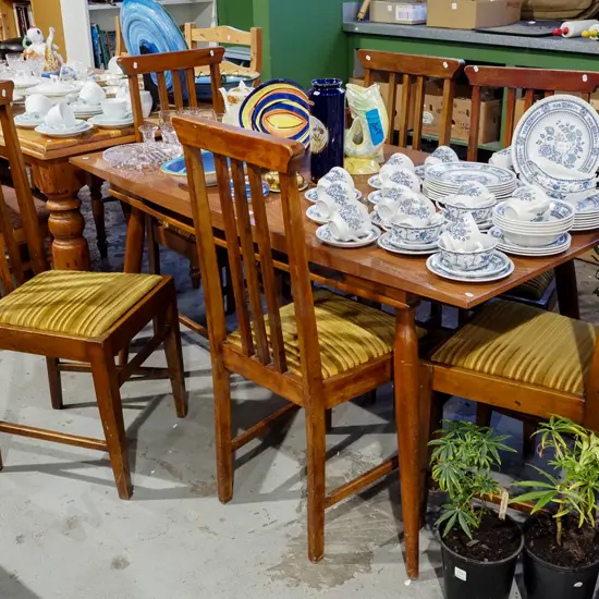 mid-century formica-top mahogany dining table with 6 upholstered beech chairs