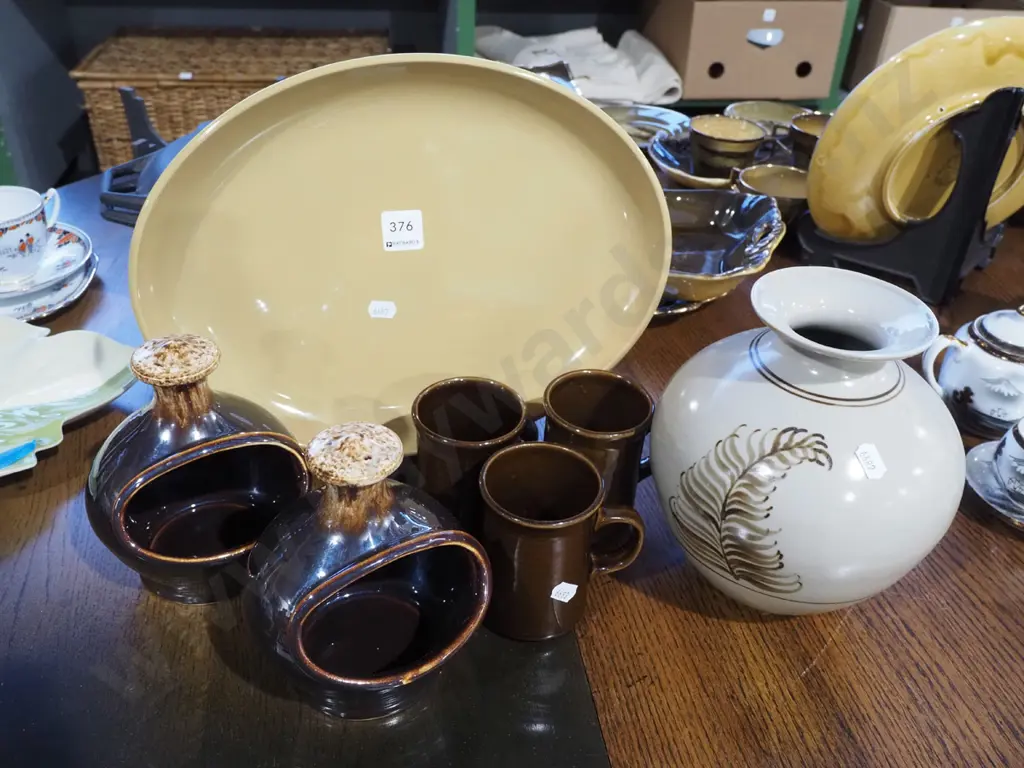 Crown Lynn colour glaze ashet, salt pigs, Temuka coffee cups, vase H190 Image 1++