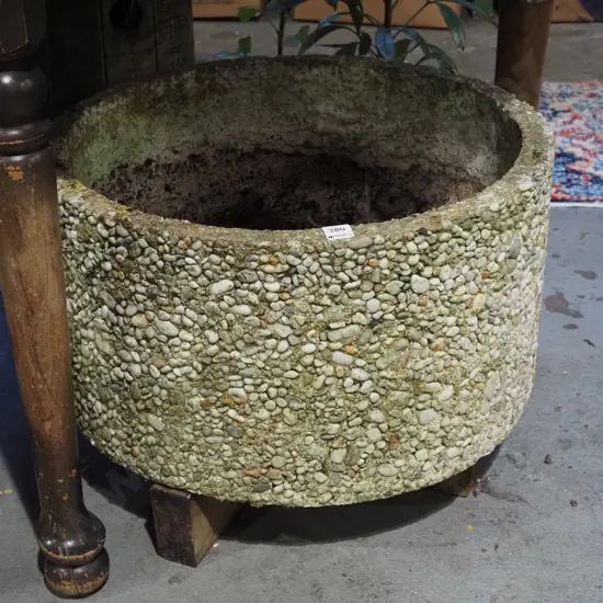mid century pebble dash concrete planter on wooden stand H390 Diam540