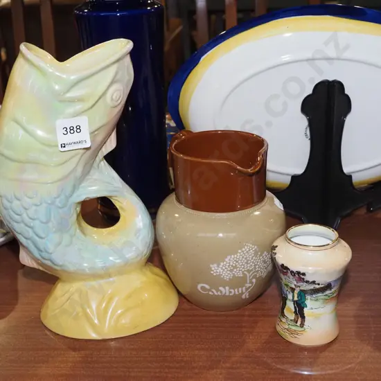 Mingay lustre vase - small chip H250, Cadbury stone ware jug, small Grimwades bud vase