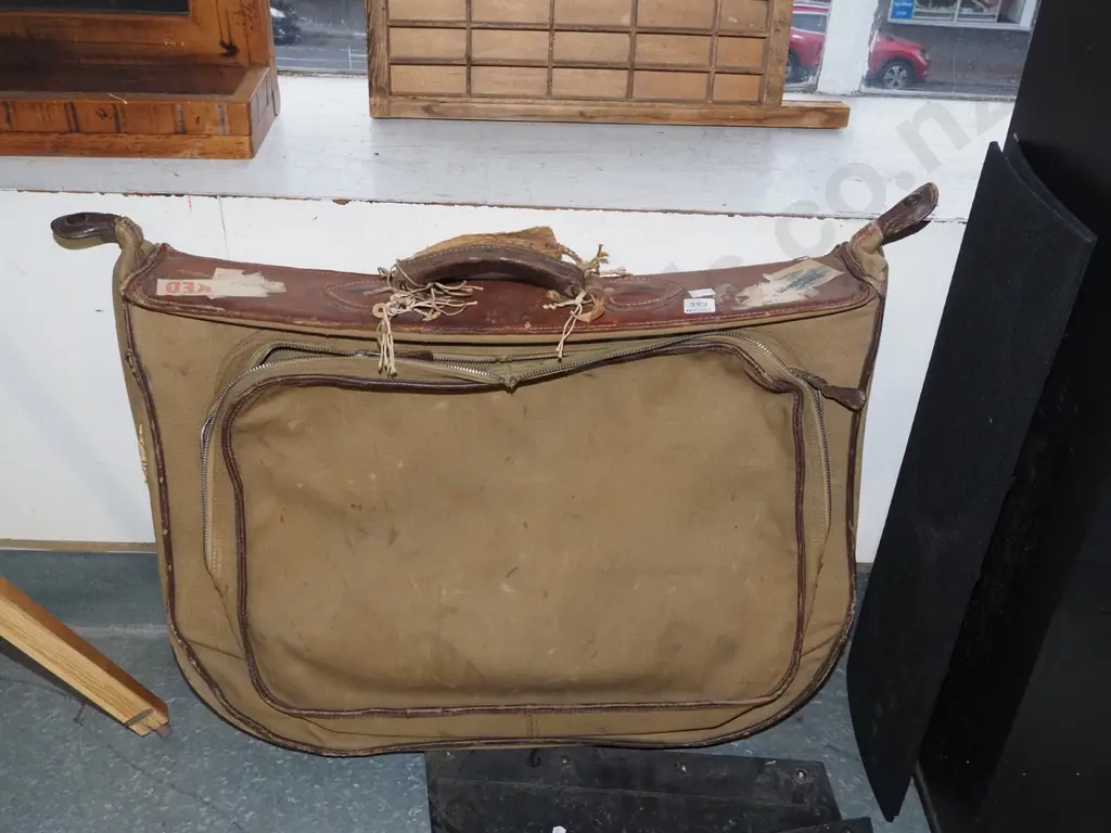 vintage canvas and leather suitcase Image 1++