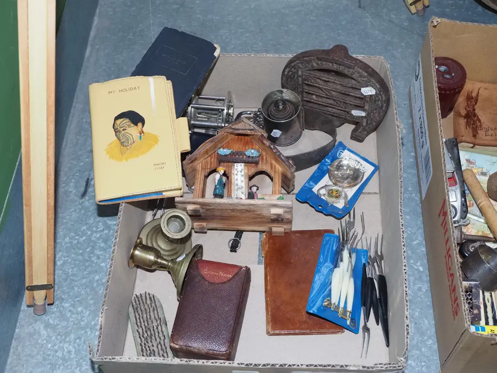 box; horse shoe trivet, fishing reel, razor strop etc Image 1++