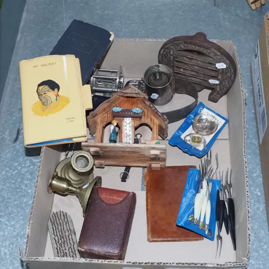 box; horse shoe trivet, fishing reel, razor strop etc