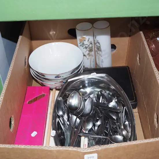 box; Asian vases, cutlery, bowls etc
