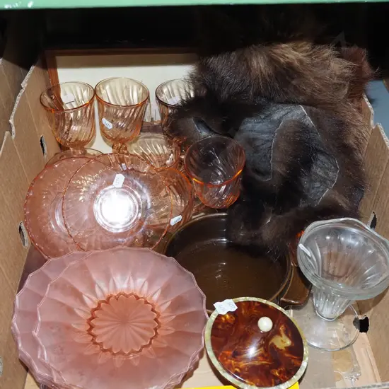 box; Arcoroc cups,saucers, animal furs etc