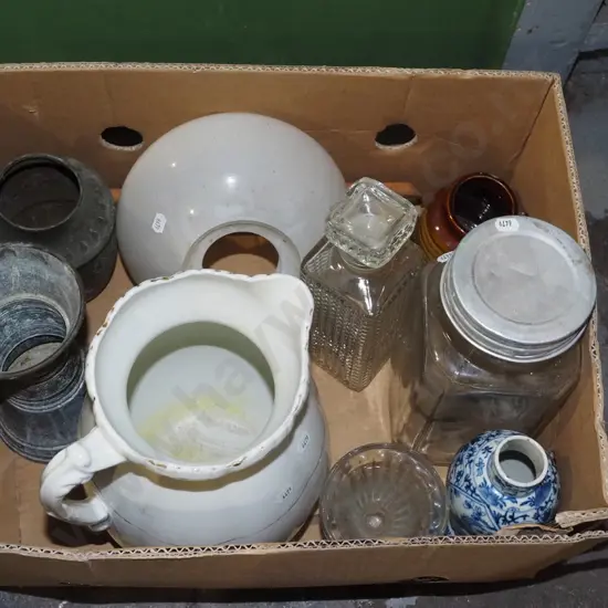 box; light fittings, water jug, containers etc