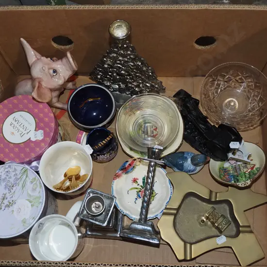 box; candlesticks, brass ashtray, tins etc