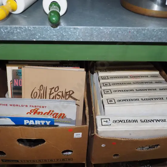 2x boxes of magazines, books, NZ Heritage magazines in folders