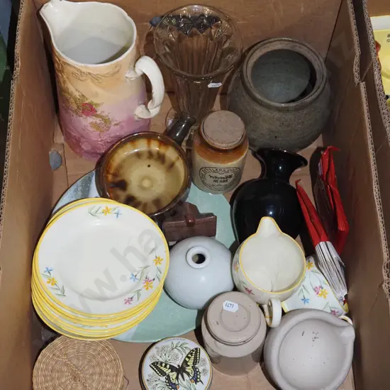 box; guitar strings, mortar and pestle, jugs etc