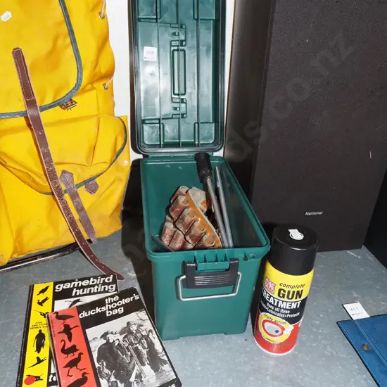 hunting and fishing container; ammunition belt, gun oil etc
